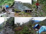 4 2 Trekking From Tashigaon Over Ridge To Camp At Unshisha The trail goes north From Tashigaon, crossing a few streams in a lush cloud forest, and then onto a ridge where there is a small herders hut. The trail levels out, and then climbs to another shepherds hut atop another ridge. The route now becomes steeper, switch backing on rain-soaked slippery rocks up the ridge in forests to a kharka. A stone chorten and prayer flags mark the gateway into the Makalu-Barun National Park area at the top of the ridge (3190m). The trail descends in more open country on the west side of the ridge to Unshisha (3180m), a tiny soggy meadow, where Palde, Pemba Rinjii and Pasang cleared spots for the kitchen tent and my tent. It took 3:10 to trek from Tashigaon to Unshisha. The overnight temperature was 8C with heavy rain. My tent leaked, and I had to keep moving to avoid the puddles,